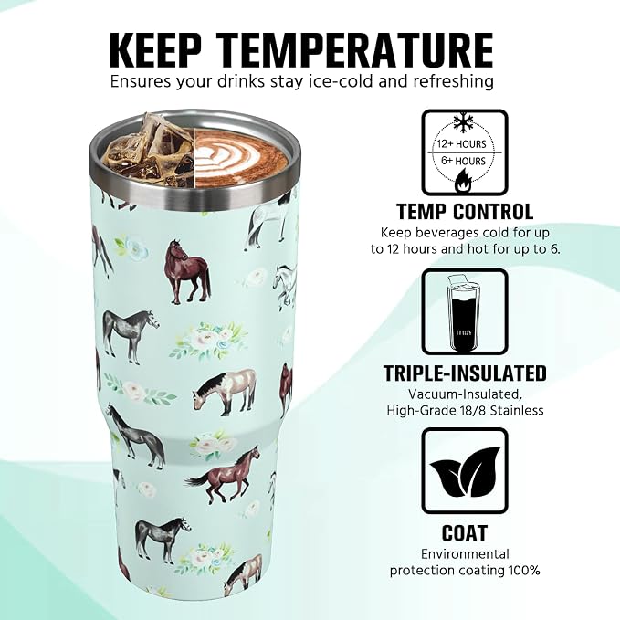 30 oz Horse Tumbler with Handle and Flip Straw, Vacuum Insulated Water Bottle