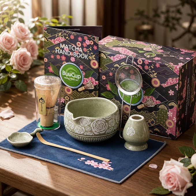 Matcha Whisk Set, 7-Pc Ceramic Matcha Bowl Kit, Bamboo Whisk, （Rose Green） |