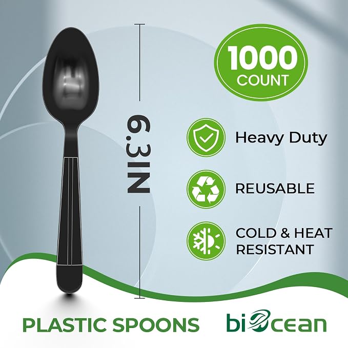 1000 Count Disposable Plastic Spoons Heavy Duty Plastic Spoons Bulk Black Heavy