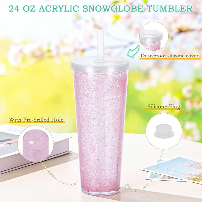 6 Pack 24Oz Snow Globe Tumblers, Double Wall Acrylic Pre Drilled Snow Globe Cup