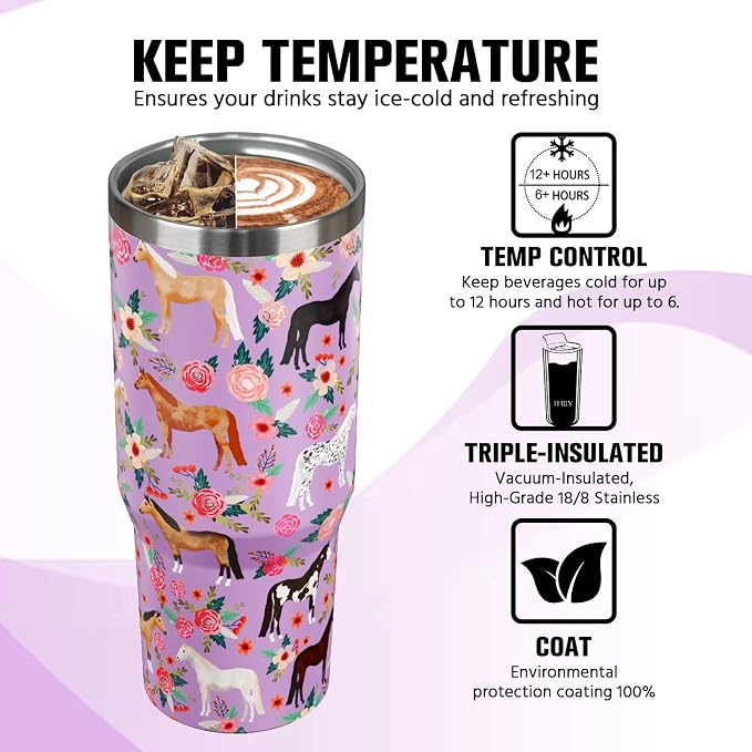30 oz Horse Tumbler with Handle and Flip Straw, Vacuum Insulated Water Bottle
