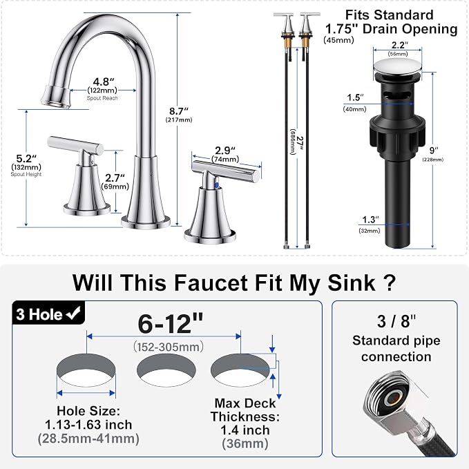 Bathroom Faucets for Sink 3 Hole, Chrome Bathroom Sink Faucet