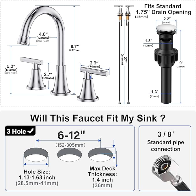 Bathroom Faucets for Sink 3 Hole, Chrome Bathroom Sink Faucet