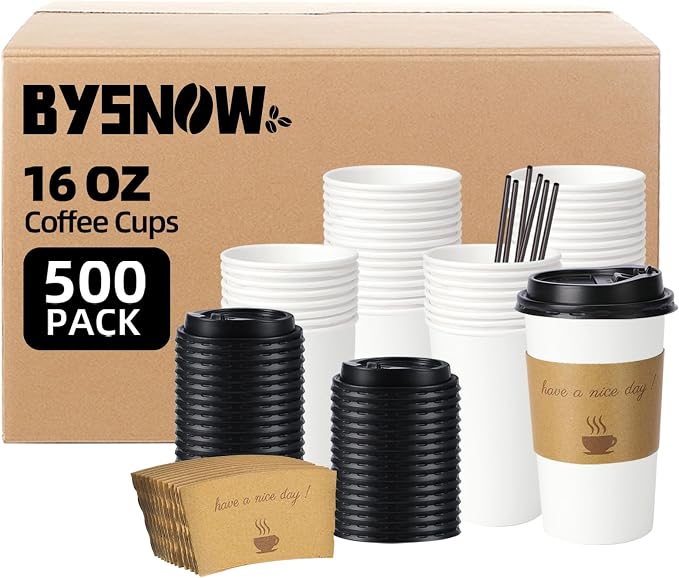 BYSNOW 500 pack 16 oz Bulk Disposable Paper Coffee Cups
