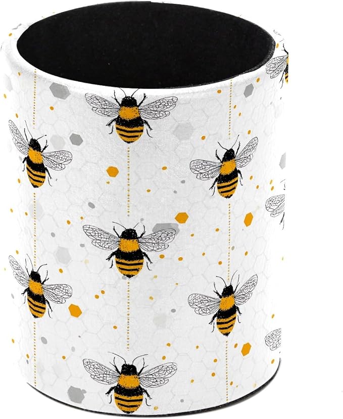 Leather Pen Holder for Desk, Bees Pencil Cup Pen Organizer Makeup Brush Holder