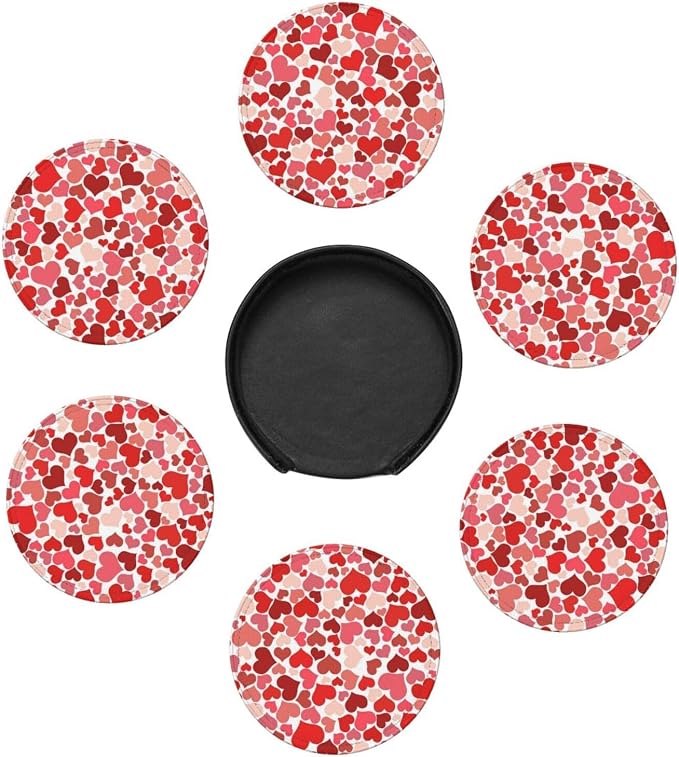 Drink Coasters with Holder Stand Set of 6, Heart Shaped Decoration Pu Leather