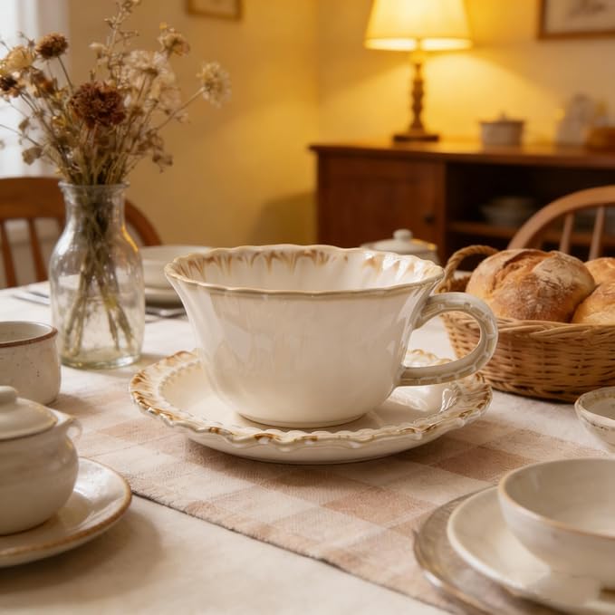 Vintage Porcelain Coffee Cup and Saucer Set, 12 OZ Ceramic Latte Mug