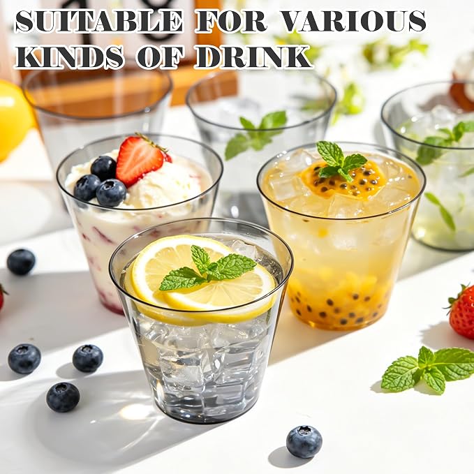 50 Pack 9oz Transparent Black Plastic Cups, Fancy Disposable Cocktail Cup |