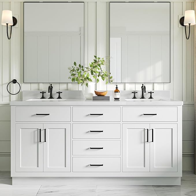 73" White Double Vanity, 1.5" Edge Pure White Quartz Countertop