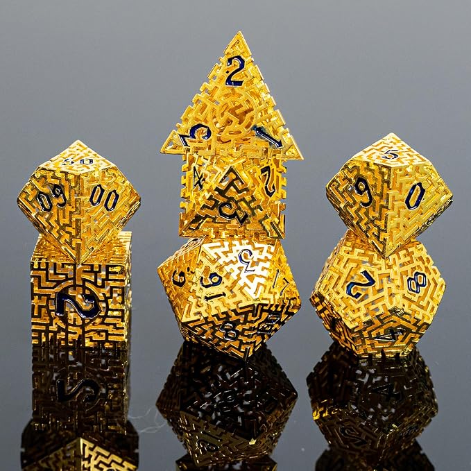 Golden Metal Hollow DND Dice Set Metallic Luster Maze Design