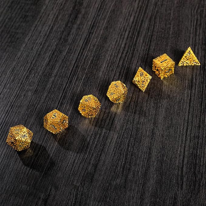 Golden Metal Hollow DND Dice Set Metallic Luster Maze Design