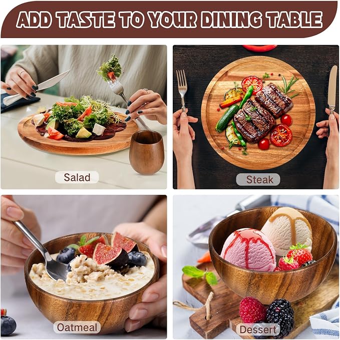 16 Pcs Acacia Wood Dinnerware Set, Round Wooden Plates, Solid Wooden Bowls and