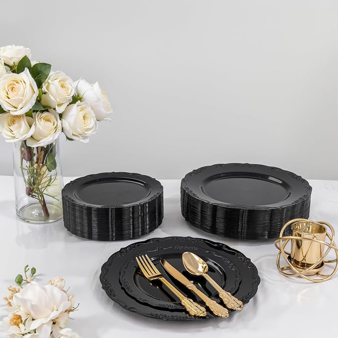 DaYammi 60PCS Black Plastic Plates, Heavy Duty Black Disposable Plates Premium
