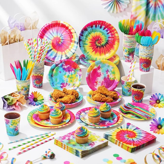 450 Pcs Tie Dye Party Tableware Set Decorations, Serves 50 | Rainbow Birthday
