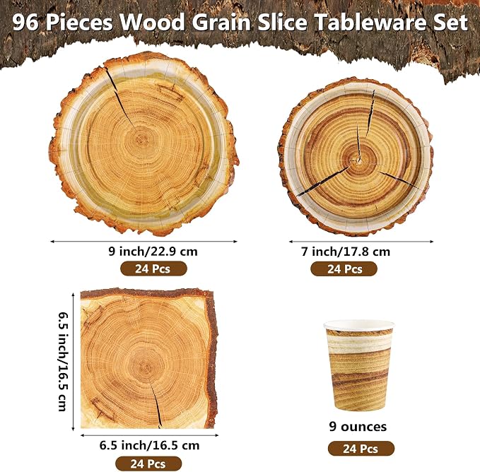Kochorie 96 Pieces Camping Wood Grain Slice Tableware Set Rustic Wood Party