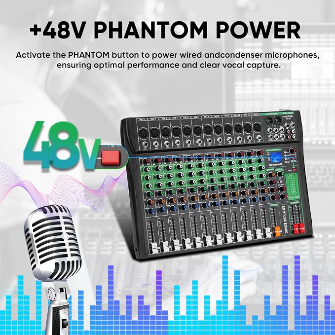 12 Channel Audio Mixer, Professional DJ Mixer Board Sound Music Mixing Console