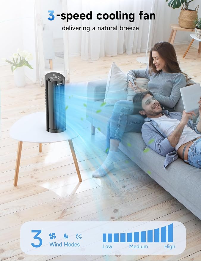 Grelife Tower Fan, Mechanical Controls, 3 Speed Settings, 90° Oscillation