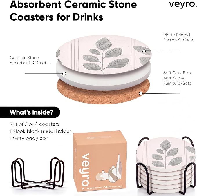 VEYRO Ceramic Coasters Set of 6 or 4 – Absorbent Stone Drink Coasters