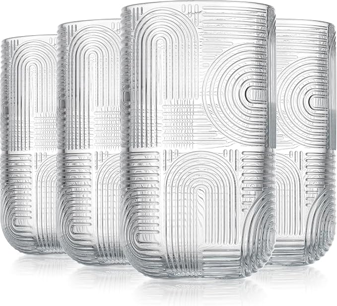 Highball Glasses Set of 8, 14 oz Embossed Drinking Glasses, Vintage Art Deco