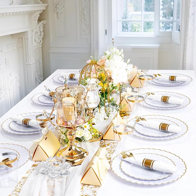 YOUBET 350PCS White and Gold Scalloped Plastic Plates