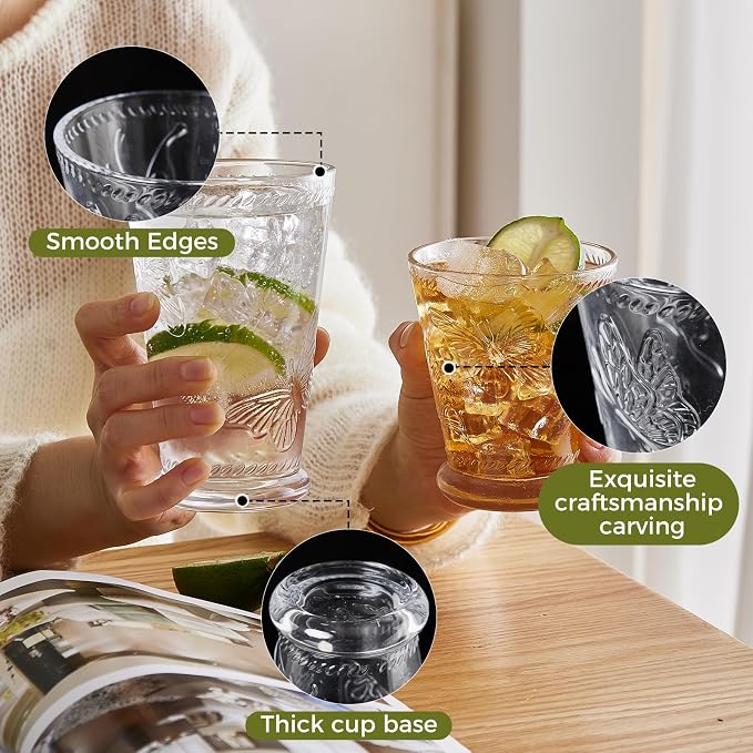 4 Pack Embossed Vintage Mixed Drinking Glasses, 12 Oz & 9 Oz Glasses | Embossed