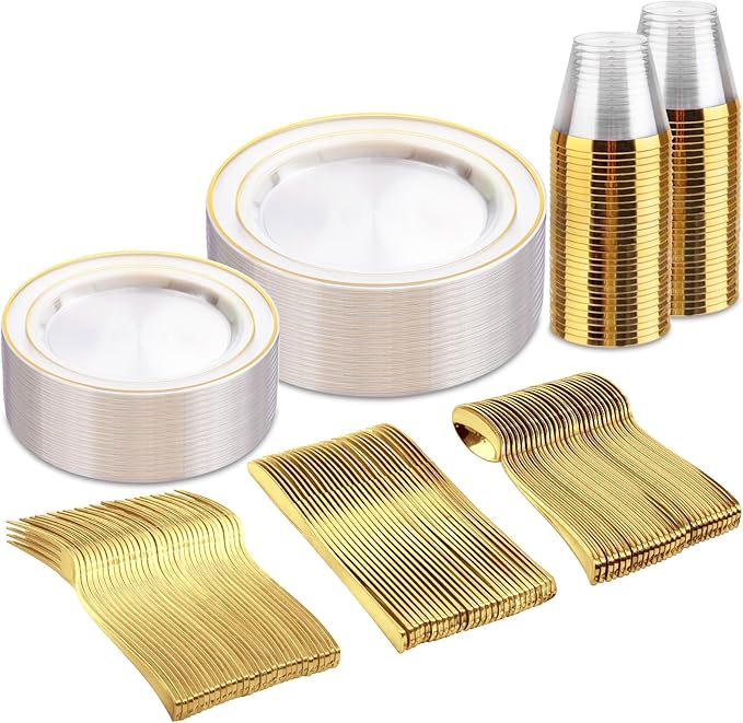 bUCLA 150Pcs Clear Gold Plastic Dinnerware Set