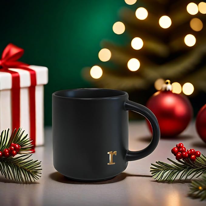COLLECTIVE HOME Black Ceramic Coffee Mug, 15 oz Golden Monogram Tea Cup |