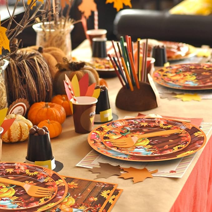 96 Pieces Thanksgiving Pumpkin Tableware Set Party Supplies