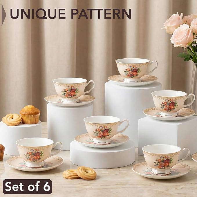 BTaT- Floral Tea Cups and Saucers, 8 oz, Fine Porcelain Teacup Set