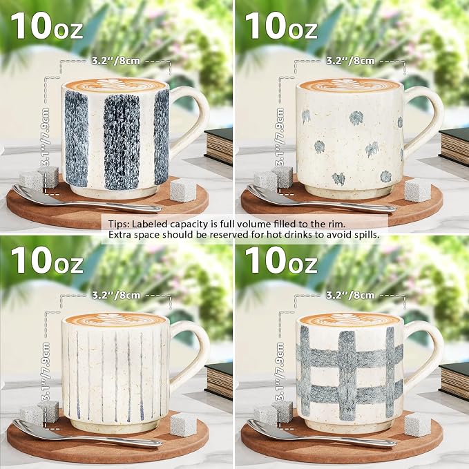 Pilnocok Ceramic Coffee Mugs Set of 4, 10 oz Blue and White Pattern Cups |