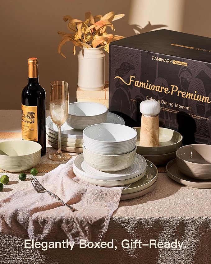 Stoneware Dinnerware Set for 8, Plates & Bowls, Chip & Scratch Resistant