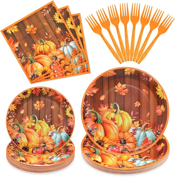 96 Pieces Thanksgiving Pumpkin Tableware Set Party Supplies