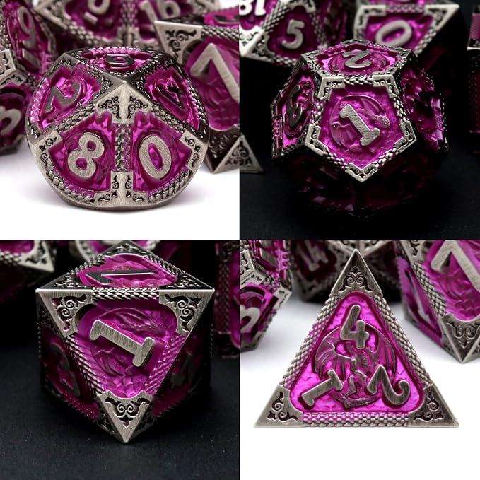 PJOY Metal DND Dice Set with Dice Case Antique Silver Purple Dragon D&D