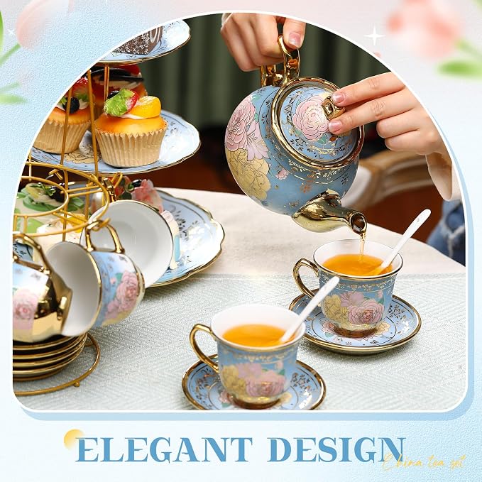 21 Pcs Ceramic Teapot Set Vintage Porcelain Tea Cups