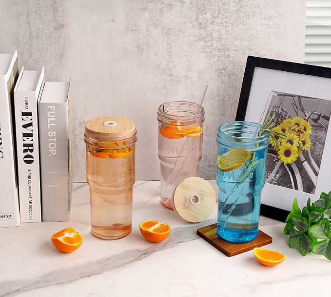 ANOTION Colored Glass Cups - 24oz Travel Coffee Mug Wide Mouth Mason Jar Iced