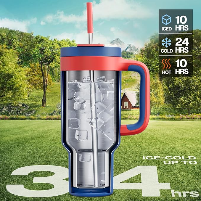 POWCAN 40 oz Tumbler with Handle, 2-in-1 Metal Straw and Sip Lid, Dishwasher