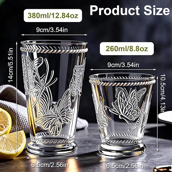 2 Pack Embossed Vintage Mixed Drinking Glasses, 12 Oz & 9 Oz Glasses | Embossed