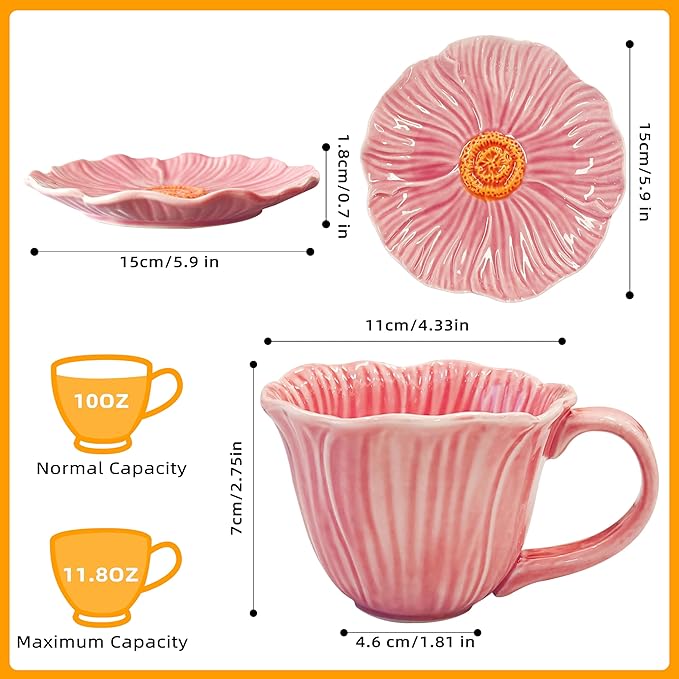 10 oz Tea Cups and Saucers, Ceramic Flower-shaped Cappuccino Cup, Latte Cup and