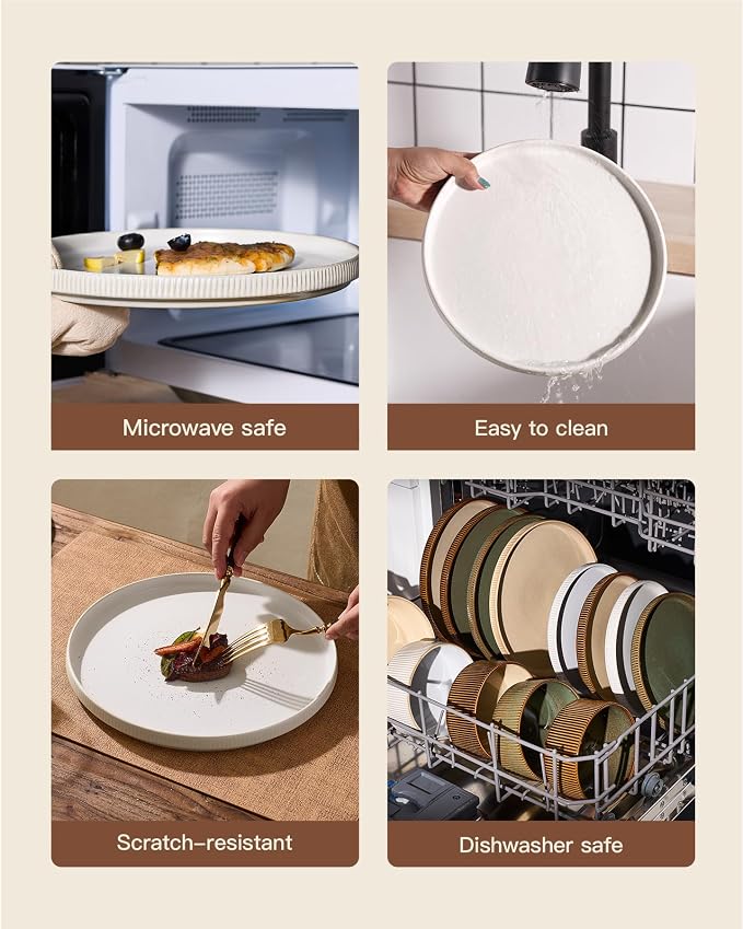 Stoneware Dinnerware Set for 4, 8-Piece Wide Pasta Bowls and Salad Plates |