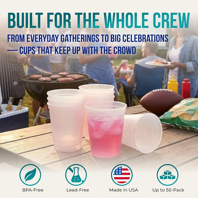 Rolling Sands 16 oz. Reusable Plastic Stadium Cups, 8 Pack, Made in USA