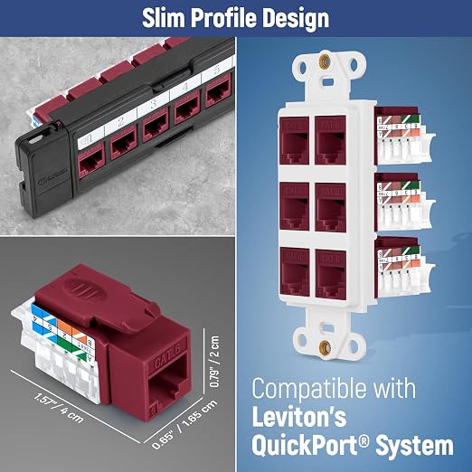 Everest 45° Angled RJ45 Cat6 Keystone Jacks 20-Pack in Red