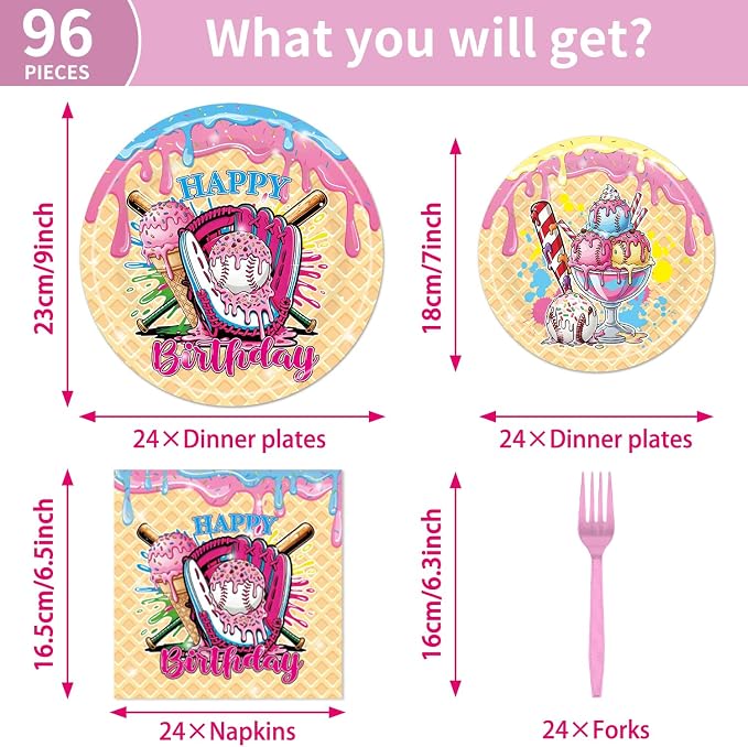 EUOYUFO 96Pcs Ice Cream Party Decorations Tableware Set Ice Cream Baseball Drip