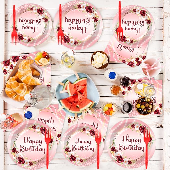 96Pcs Burgundy Birthday Party Supplies Burgundy Floral Paper Plates Napkins