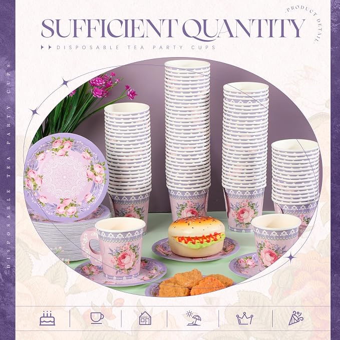 Nuogo 200 Pcs Floral Paper Tea Cups and Saucers 7 oz Disposable Paper Teacups