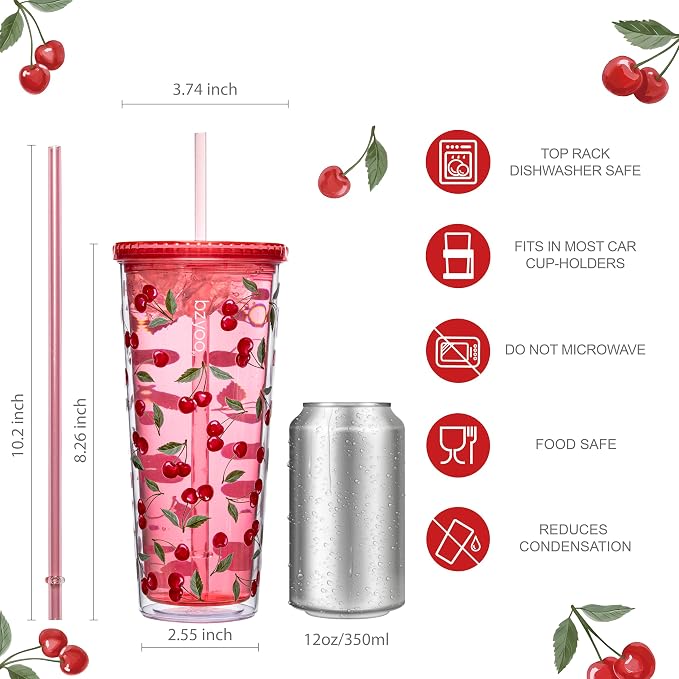 bzyoo 24oz Plastic Tumbler Cup, Lid & Straw, Iced Coffee Cherry Splash | Double
