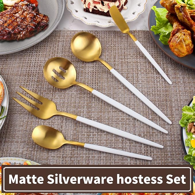 VANVRO Matte White Gold Serving Silverware Set, 5-Piece Round Shared Utensils