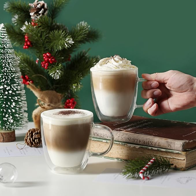 CNGLASS Glass Coffee Mugs 12oz, Double Walled Insulated Cappuccino Mug