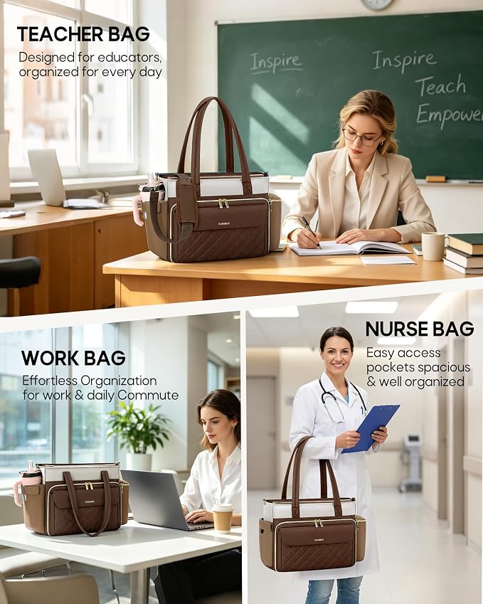 RAINSMORE Teacher Bag for Women, 15.6" Laptop Work Tote, 40oz Cup Holder |