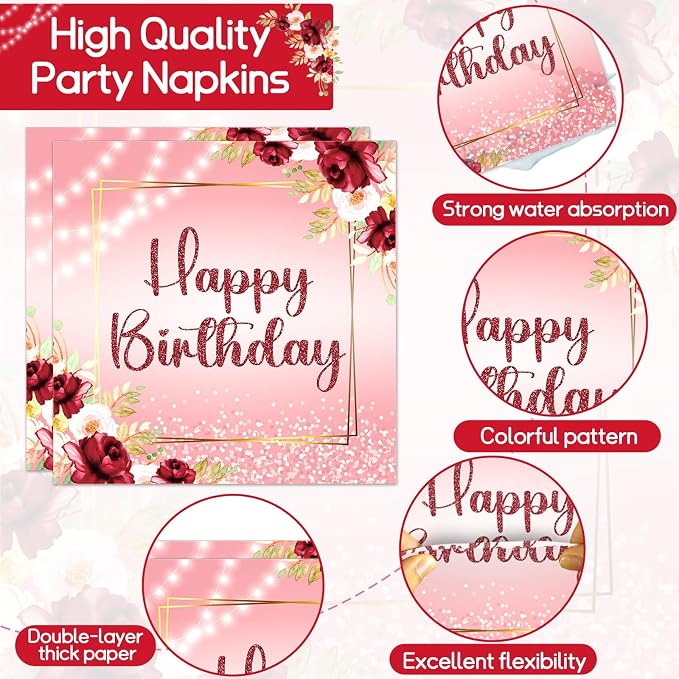 96Pcs Burgundy Birthday Party Supplies Burgundy Floral Paper Plates Napkins