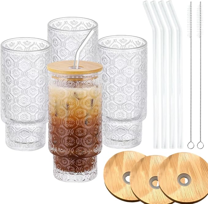 Vintage Glass Cups with Bamboo Lids and Straws–4Sets 11oz Iced Coffee Cups